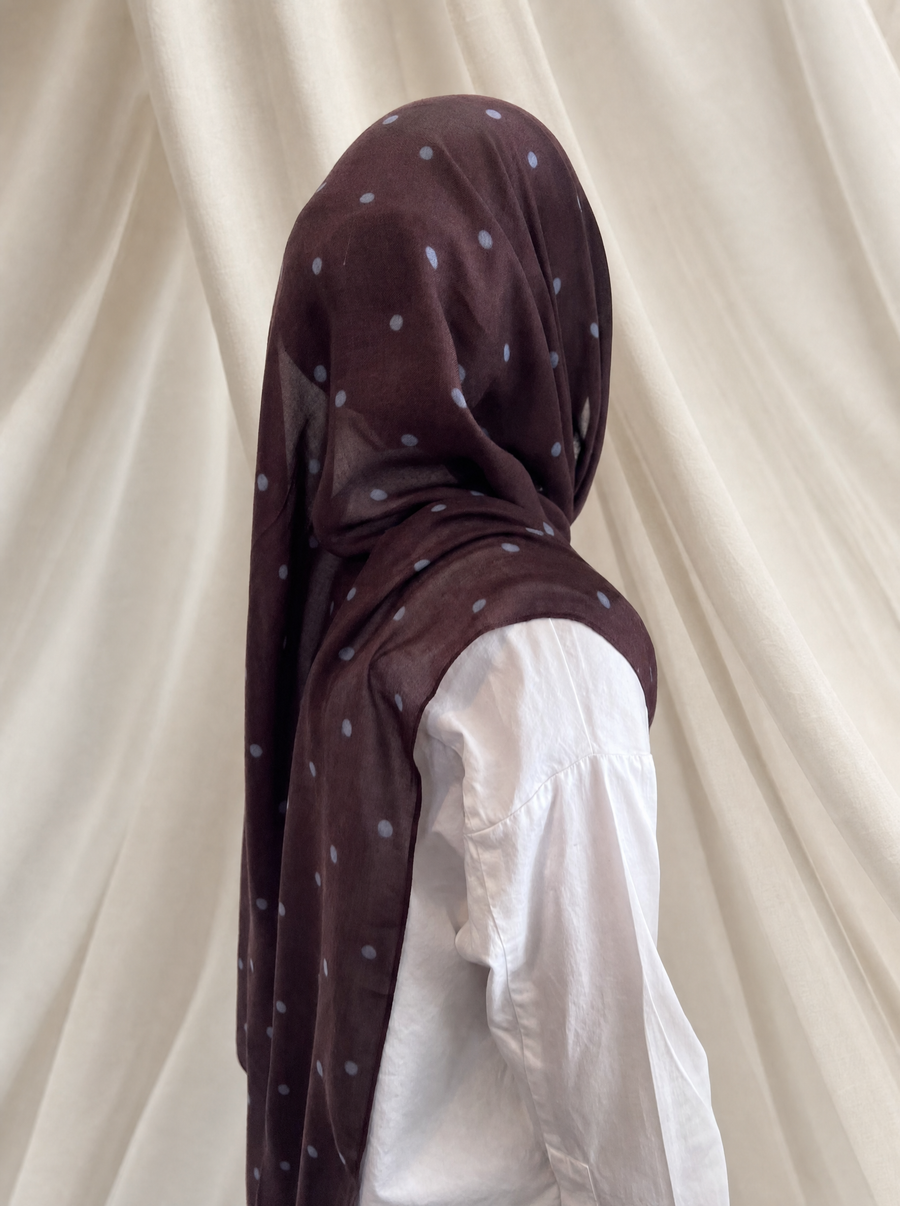 Azure Polka Dot printed hijab by The Noorea Collection, back view, white drapery backdrop